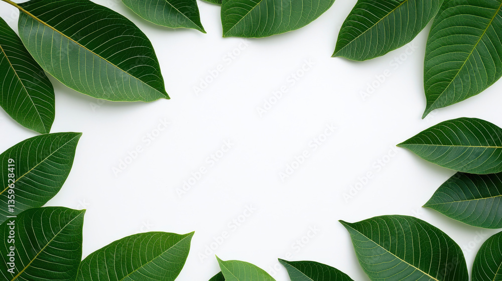 Fototapeta premium A circular arrangement of green leaves on a white background for green-themed designs.