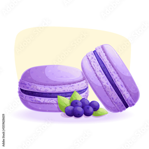 Delicious French blueberry macaroons. The concept of confectionery, cakes, pastries, cooking, confectionery. Isolated vector illustration for the design of menus, posters, banners, covers
