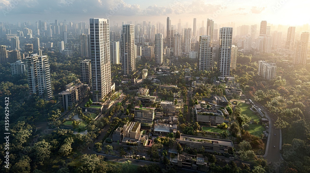Obraz premium Aerial cityscape of Pune featuring sleek skyscrapers amidst hazy skies, clusters of trees adding vibrant green patches, modern and traditional architecture coexisting