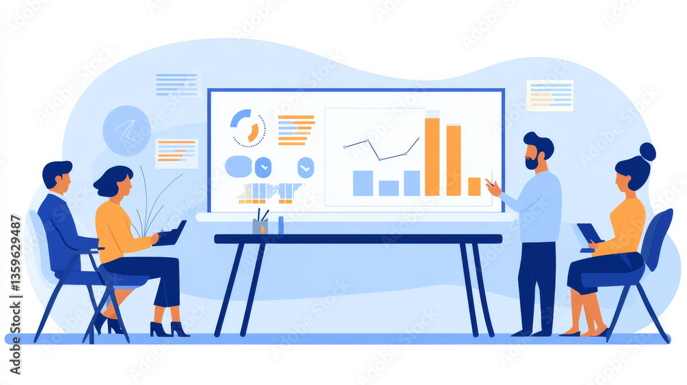 Fototapeta premium A company operations manager leads a business meeting using a TV screen to present growth analyses, charts, and statistical data, fostering team collaboration in a corporate office