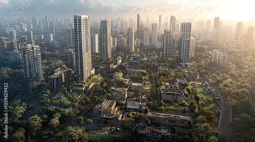 Aerial cityscape of Pune featuring sleek skyscrapers amidst hazy skies, clusters of trees adding vibrant green patches, modern and traditional architecture coexisting 