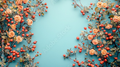 Delicate blooms in shades of peach and vibrant red berries elegantly border a vivid blue backdrop, embodying the essence of spring and joy. This delightful arrangement inspires creativity