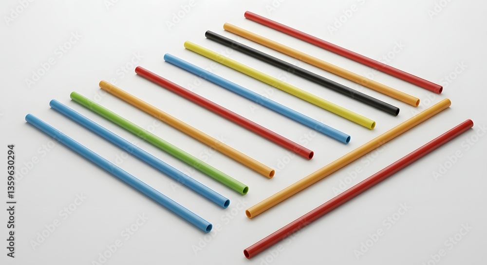 Colorful Plastic Straws Arranged on White Background in Patterned Rows Colorful Plastic Straws Arranged on White Background in Patterned Rows