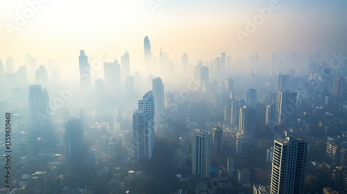 Aerial view of Pune city with towering skyscrapers and modern architecture punctuating the skyline, hazy smog blanketing the atmosphere, patches of greenery blending into the urban fabric 