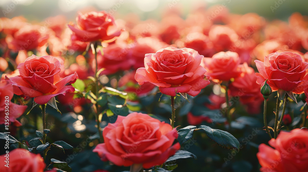 Fototapeta premium A vibrant field of blooming red roses showcasing nature's beauty in full splendor.