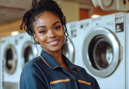 A cheerful Black woman dressed in a blue uniform stands in front of washing machines at a laundry facility. She exudes confidence and warmth, making customers feel welcome