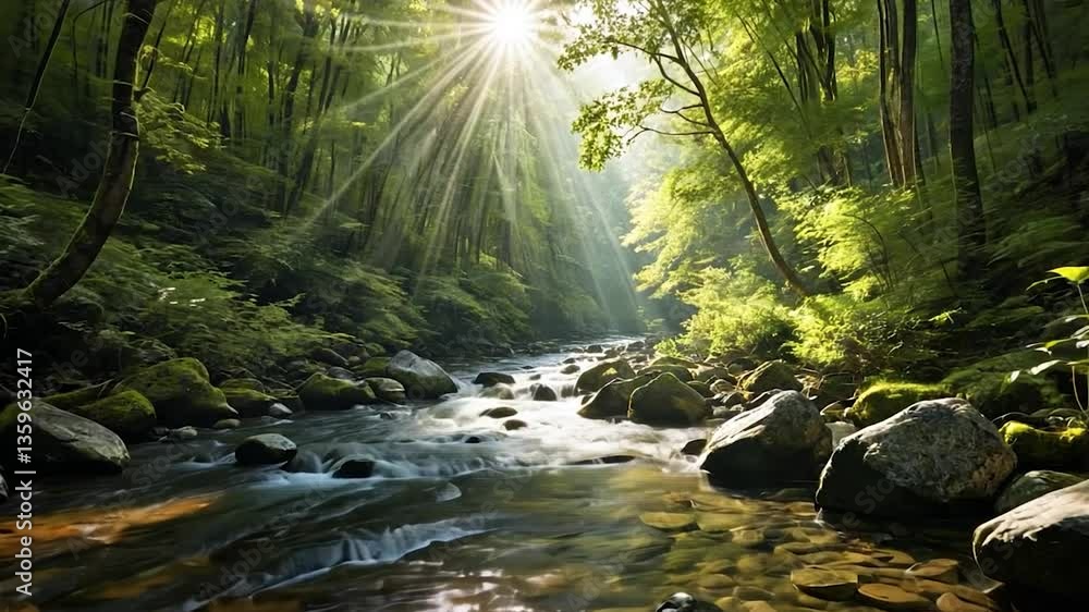 Serene river flowing through a lush green forest illuminated by sunlight Serene river flowing through a lush green forest illuminated by sunlight