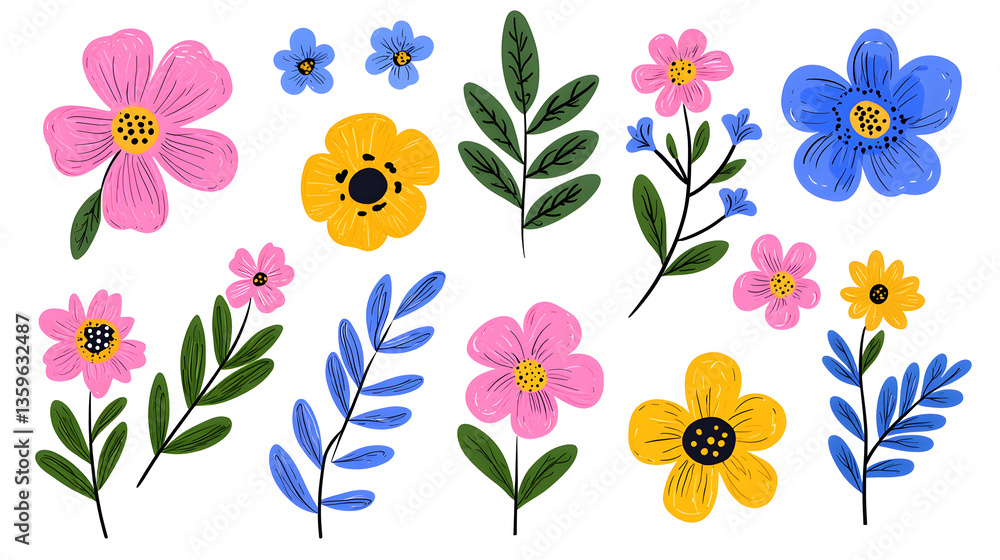 Fototapeta premium Watercolor wildflowers and leaves illustration set isolated on white
