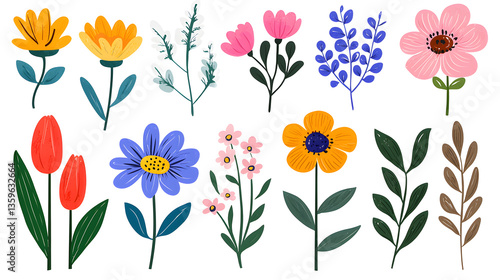 Wallpaper Mural Watercolor wildflowers and leaves illustration set isolated on white Torontodigital.ca
