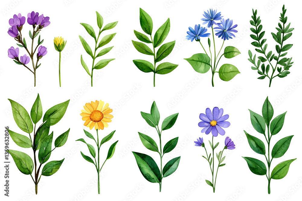 Naklejka premium Watercolor wildflowers and leaves illustration set isolated on white