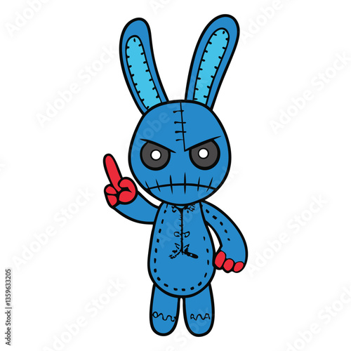 A stitched, angry voodoo bunny with glowing eyes, holding up a finger in a defiant gesture. Its expression is fierce, and the threads seem to pulse with dark energy.