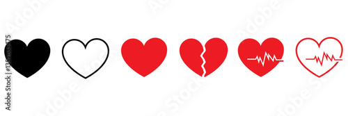 set of heart, heartbeat and broken heart. set of hearts in black, red, pink and stoke with white with white background. heart icons set. broken, break, heartbeat, vector.
