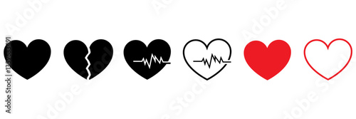 set of heart, heartbeat and broken heart. set of hearts in black, red, pink and stoke with white with white background. heart icons set. broken, break, heartbeat, vector.