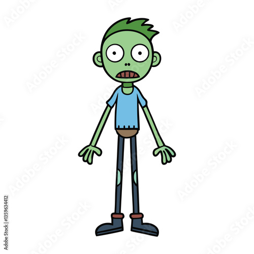 A spooky yet fun stick-figure zombie cartoon with ragged limbs, hollow eyes, and a lurching stance, bringing a playful undead vibe to any design or illustration.