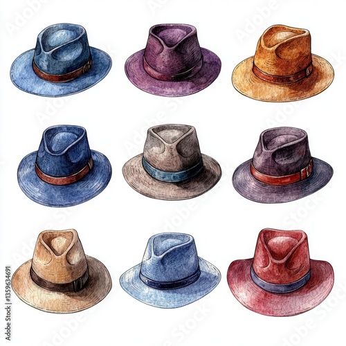 Wallpaper Mural Watercolor illustration of assorted fedora hats in varied colors on white background, symbolizing classic style and personal expression. Perfect for fashion design and vintage-themed projects. Torontodigital.ca