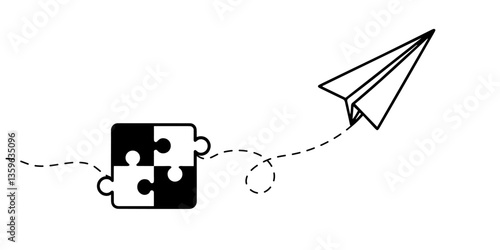 Continuous one line drawing of a groupe piece jigsaw and paper plane on a white background. Puzzle game symbol and iconic business metaphor for problem solving, solution and strategy.