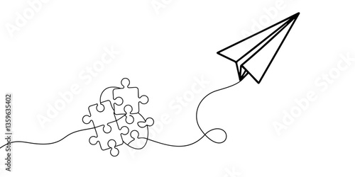 Continuous one line drawing of a groupe piece jigsaw and paper plane on a white background. Puzzle game symbol and iconic business metaphor for problem solving, solution and strategy.