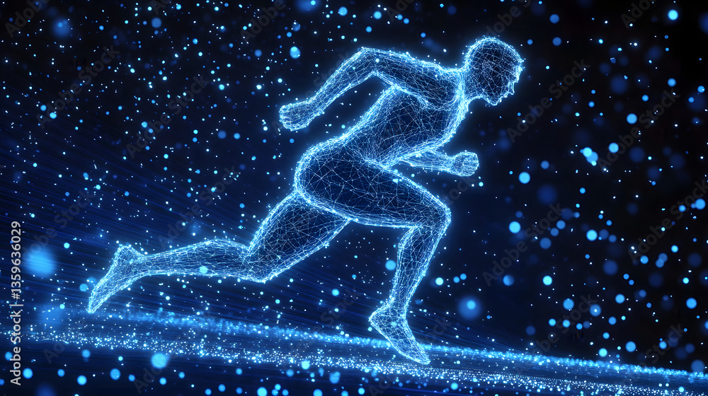 Blue glowing wireframe hologram of an athlete running on dark blue background concept for sport technology and futuristic digital design element Blue glowing wireframe hologram of an athlete running on dark blue background concept for sport technology and futuristic digital design element