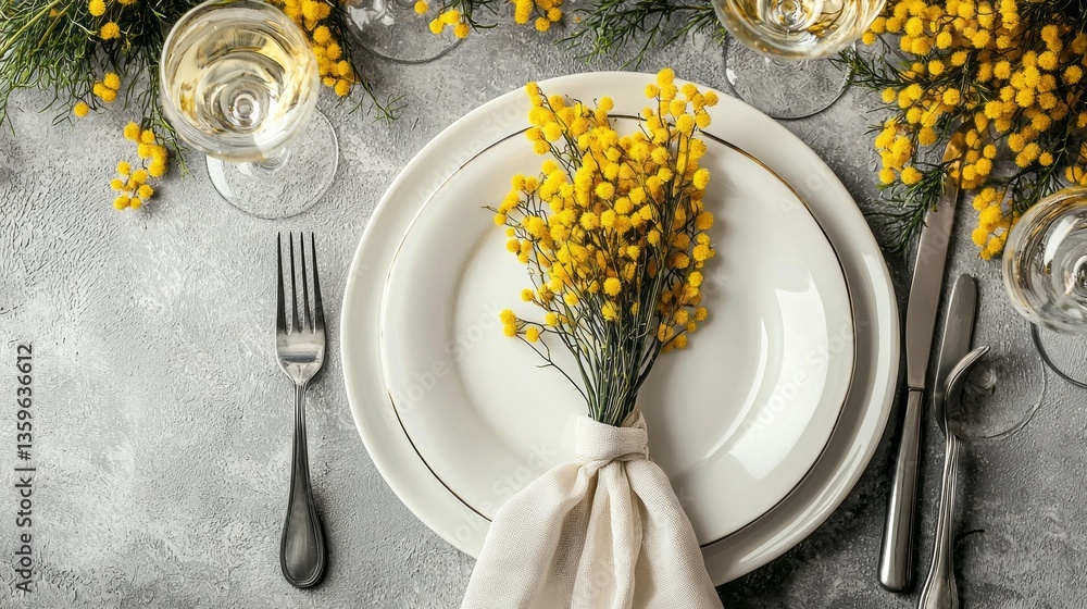 A beautifully arranged dining table features a pristine white plate with fresh mimosa flowers, set alongside sparkling glasses. The atmosphere suggests a joyful spring celebration