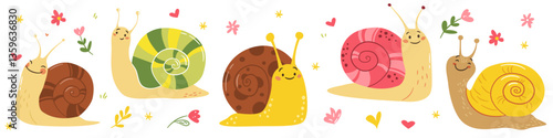 A set of flat vector illustrations in a simple children's style. Cute snails of different colors, hearts, flowers and daisies . Vector illustration