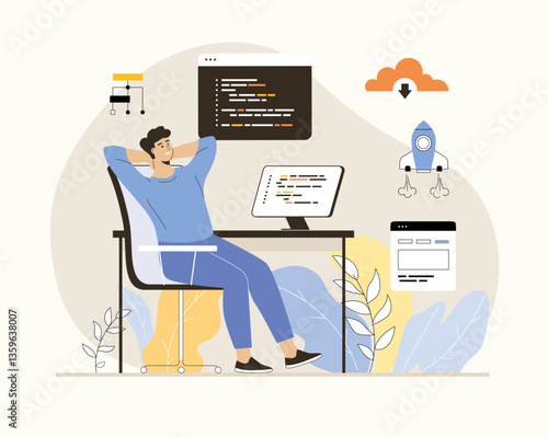 Backend development coding and programming. Man working with program languages, doing tasks, finding new solutions, fixing bugs. Flat vector illustration.
