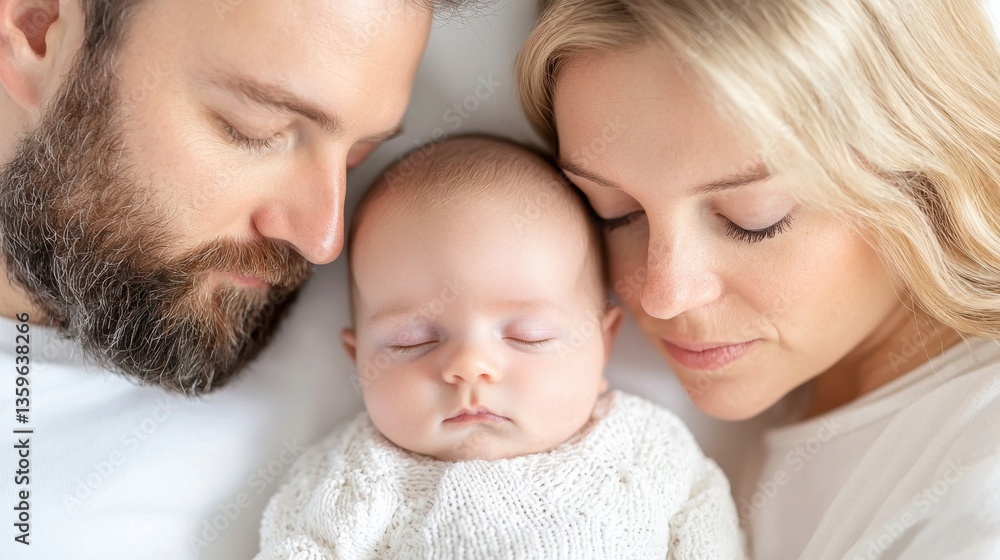 Peaceful Newborn Baby Sleeping Between Loving Parents Soft Lighting Close Up Family Portrait Peaceful Newborn Baby Sleeping Between Loving Parents Soft Lighting Close Up Family Portrait
