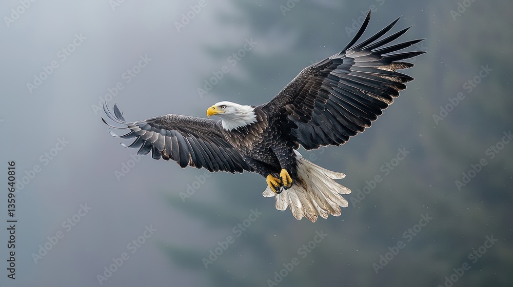 Fototapeta premium Captivating Bald Eagle Soaring Through Misty Wilderness Landscape