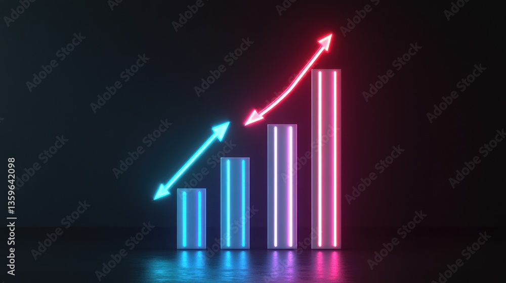 Fototapeta premium Abstract neon glowing bar graph with upward and downward trend arrows