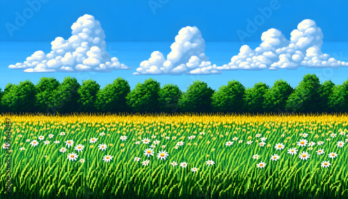 Pixelated Summer Meadow Landscape With Daisies