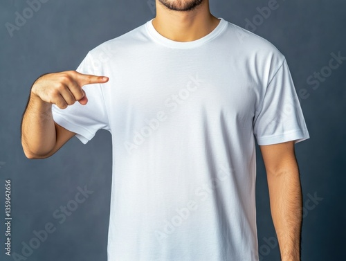 Young man pointing at blank white t-shirt in studio fashion display minimalist environment