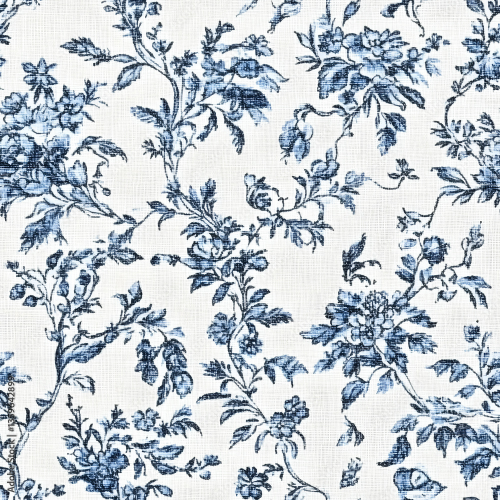 Fototapeta premium Blue and white french floral seamless pattern on a white background