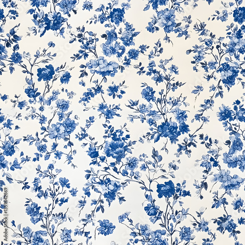 Blue and white french floral seamless pattern on a white background