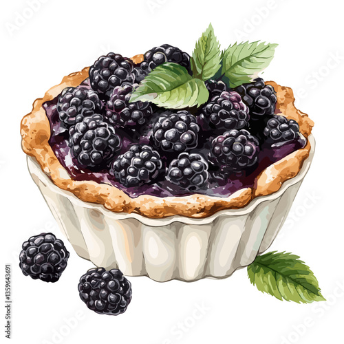 Watercolor Blackberry Cobbler with Fresh Mint Garnish
