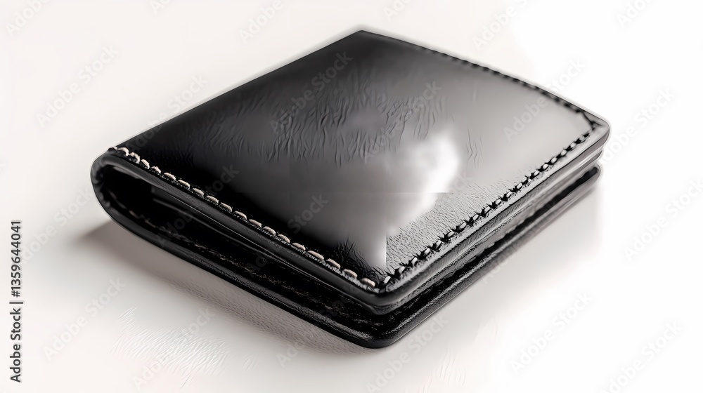 Black leather wallet with contrast stitching on a pristine white background Black leather wallet with contrast stitching on a pristine white background