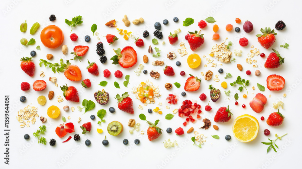 A nutritious breakfast spread featuring muesli, a fresh strawberry salad, assorted fruits, and nuts, elegantly arranged on a white background in a top-down view A nutritious breakfast spread featuring muesli, a fresh strawberry salad, assorted fruits, and nuts, elegantly arranged on a white background in a top-down view