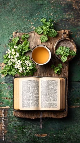 Open book with flowers, tea, herbs on wooden board and green background