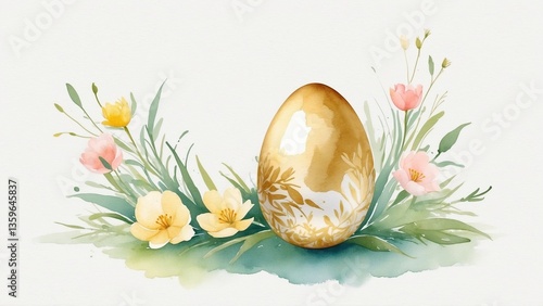 Golden egg surrounded by colorful flowers and greenery in a soft spring setting
