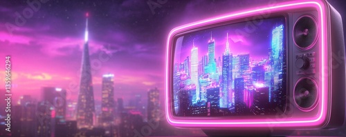 Retro Television Displaying a Futuristic Cityscape at Twilight