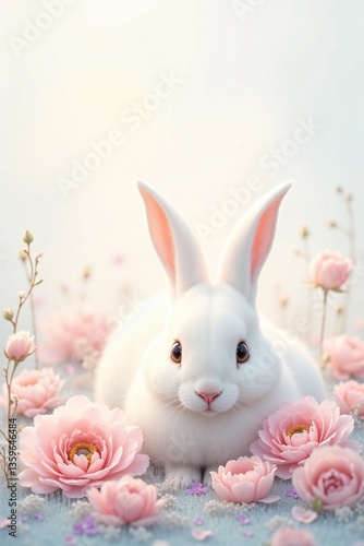 White rabbit surrounded by delicate pink flowers in a serene spring setting with soft light