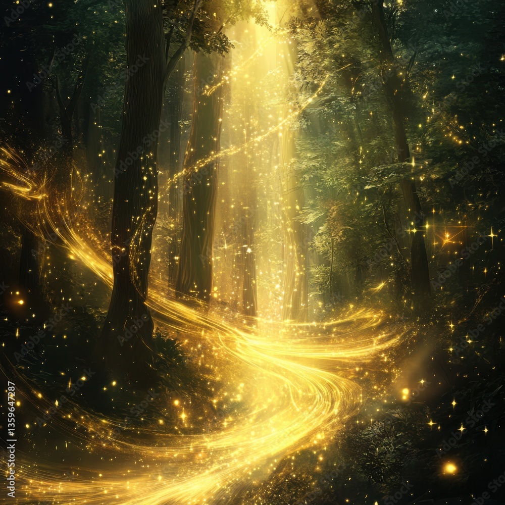 Enchanted Glow in Mystical Forest with Radiant Light Beams