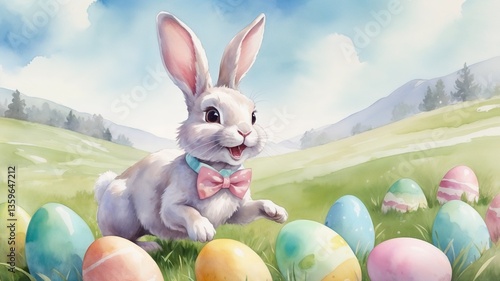 Happy bunny hopping among colorful Easter eggs in a sunny meadow during springtime