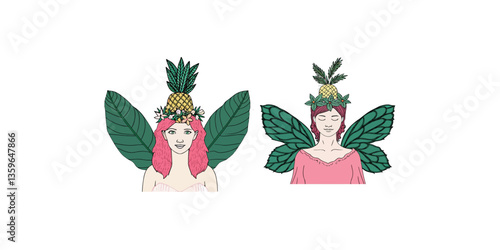 Print   Woman With Leaf Wings and Pineapple Headband isolated on white background