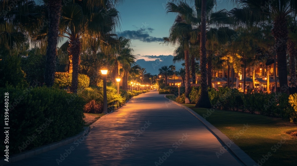 A serene evening pathway illuminated by soft lights. Palm trees line the walk creating a peaceful atmosphere. Nature and tranquility come together here. Generative AI A serene evening pathway illuminated by soft lights. Palm trees line the walk creating a peaceful atmosphere. Nature and tranquility come together here. Generative AI