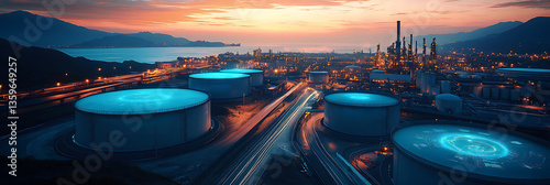 Industrial panorama at dusk illuminated storage tanks and a cityscape with mountains in the background.