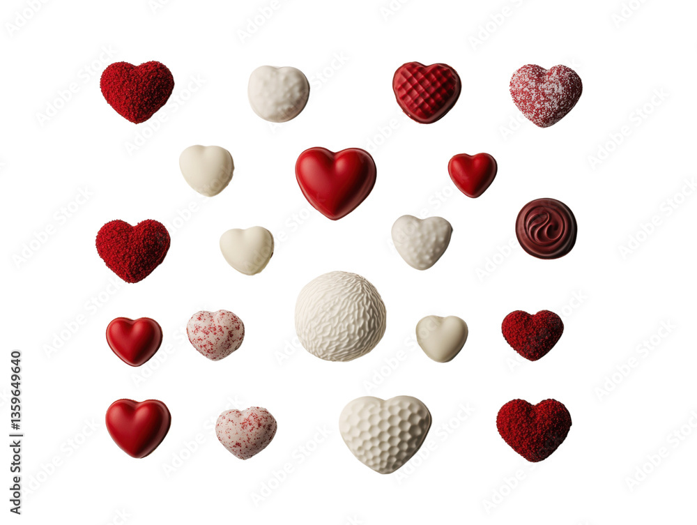 Assorted heart-shaped chocolates, white isolate background