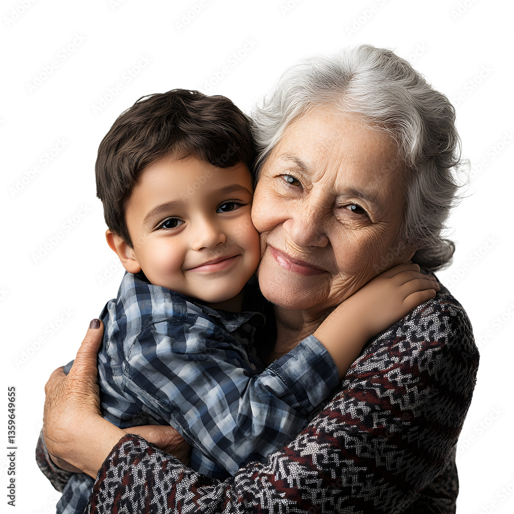 A touching moment between a grandmother and her grandson as they share a heartfelt embrace, showcasing familial love and intergenerational bond.