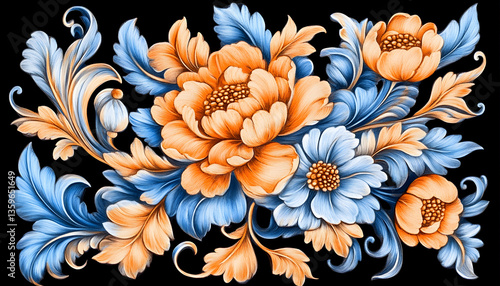 Orange and blue floral arrangement, dark background, design element, home decor