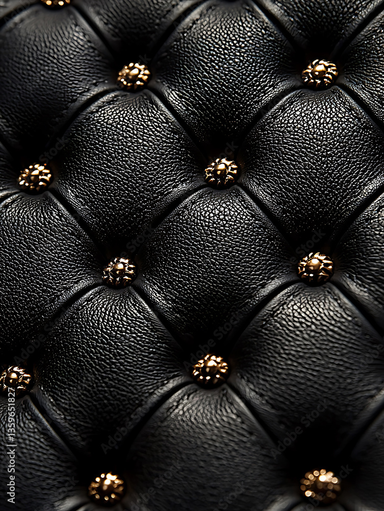Naklejka premium Close-up of black leather upholstery with a tufted pattern and decorative gold-colored buttons.