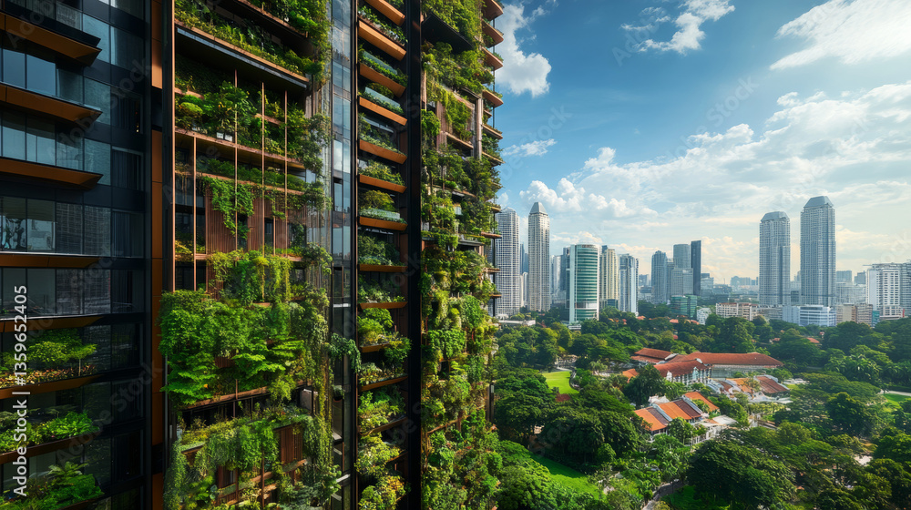 Obraz premium A vertical garden facade in Kuala Lumpur, Malaysia, adorned with lush greenery, demonstrating eco-friendly urban architecture and sustainable city design