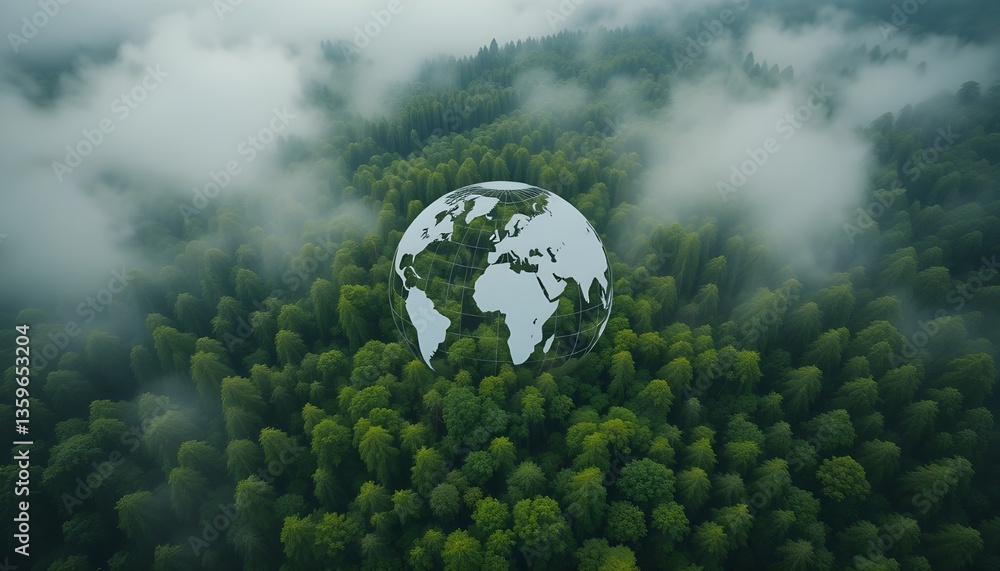 Environmental Conservation With a Globe Overlay Above Dense Forest and Mist Environmental Conservation With a Globe Overlay Above Dense Forest and Mist